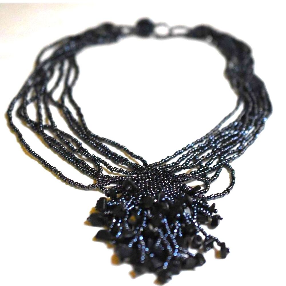 Vintage Blue Seed Bead Multi Strand Black Onyx Nugget Clusters 16" Boho Necklace